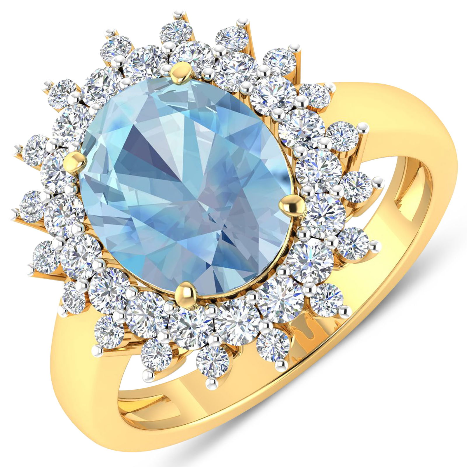 14KT Yellow Gold 2.90ct Aquamarine and Diamond Ring: Aquamarine (AA+) Oval 11x9mm - 1Pc + White Diamond F/C Round 2.00mm - 18Pcs + White Diamond F/C Round 1.50mm - 18Pcs ( White Pan Rhodium ) ( Diamond Quality : SI-2/HI ). Total weight of gemstone is 2.