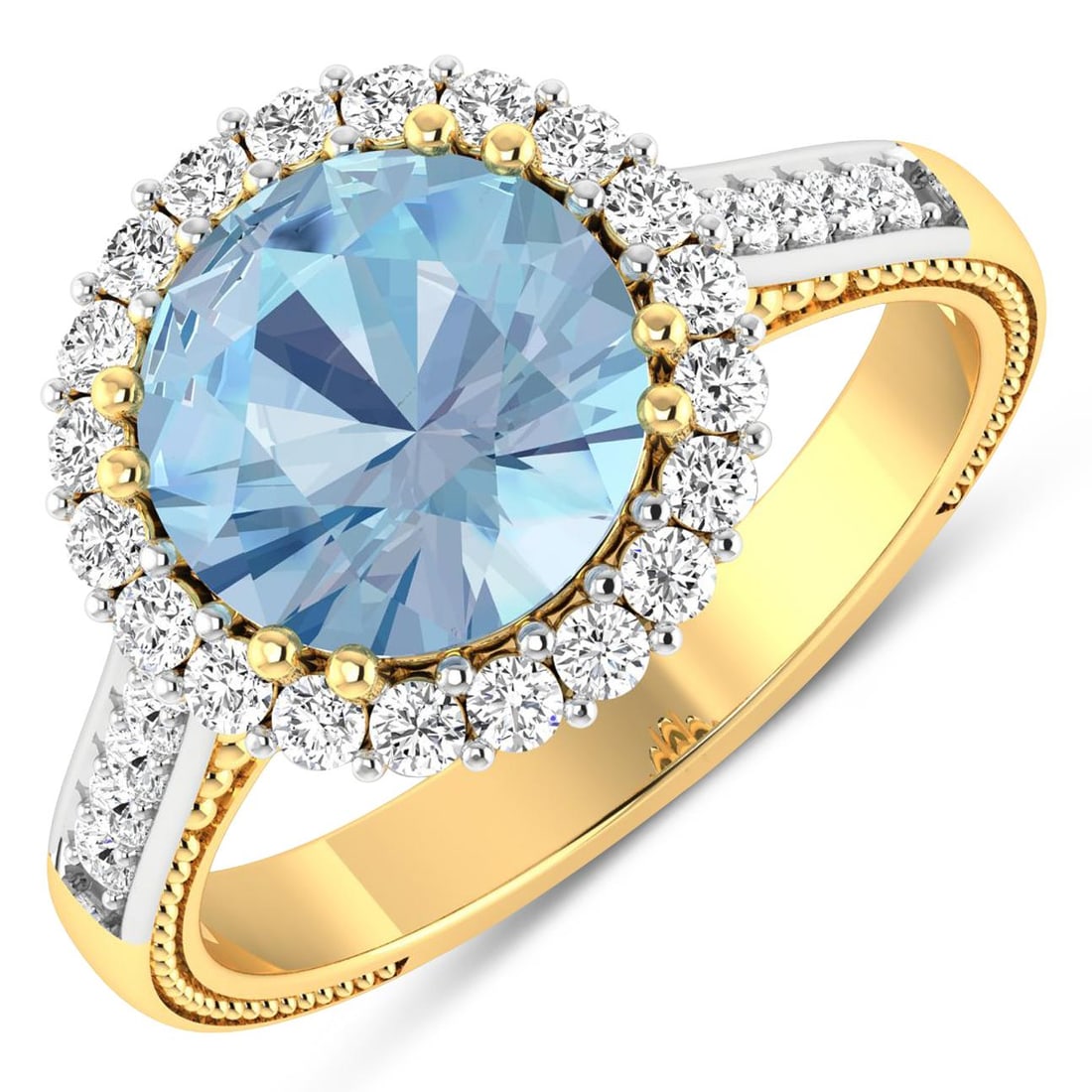 14KT Yellow Gold 2.75ctw Aquamarine and Diamond Ring: Aquamarine (AA+) Round 9.00mm - 1Pc + White Diamond F/C Round 1.90mm - 4Pcs + White Diamond F/C Round 1.60mm - 16Pcs + White Diamond F/C Round 1.40mm - 10Pcs ( White Pan Rhodium ) ( SI-2/HI ) Total we