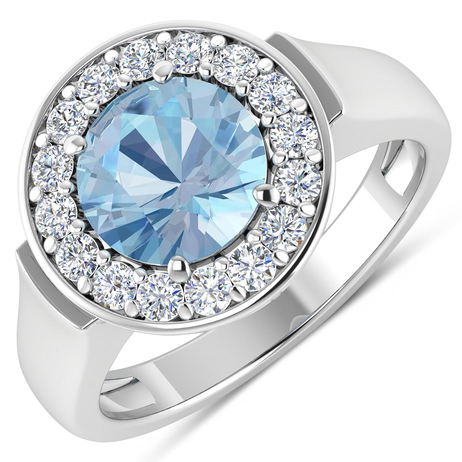 14KT White Gold 1.9ct Aquamarine and Diamond Ring: Aquamarine (AA+) Round 8.00mm - 1Pc + White Diamond F/C Round 2.00mm - 16Pcs ( Diamond Quality : SI-2/HI ). Total weight of gemstone is 1.9cts. Total weight of Diamonds is 0.48cts. Total weight of thi