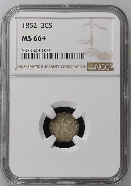 1852 Three Cent Coin NGC MS66+: One 1852 Three Cent Coin NGC MS66+.