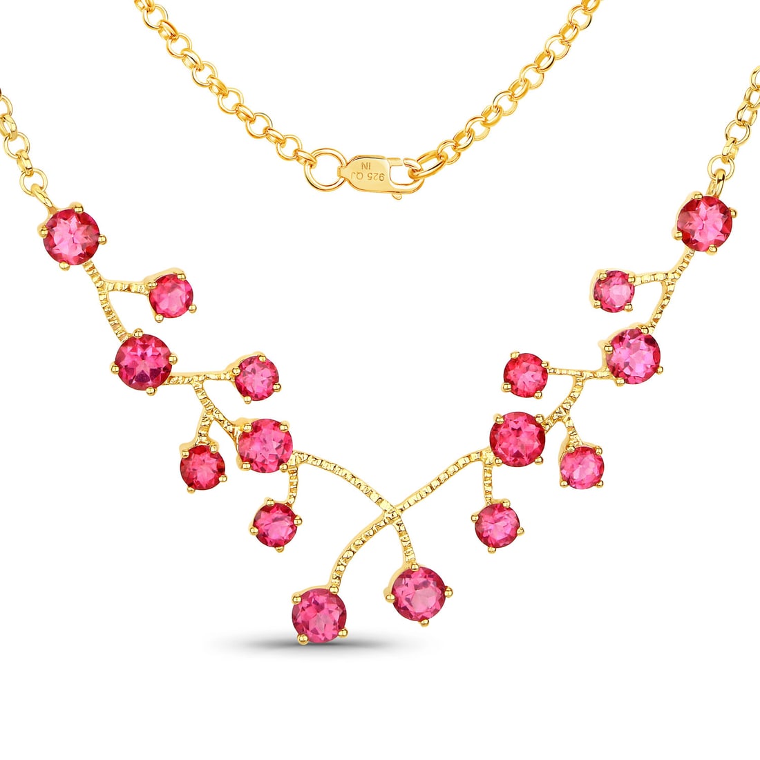Plated 18KT Yellow Gold 7.92ctw Pink Topaz Necklace: Pink?topaz necklace in 18K yellow gold–plated .925 sterling silver featuring eight 5?mm rounds (5.52?ctw) and eight 4?mm rounds (2.40?ctw) for a total of 7.92?ctw across 16 stones, finished with a l
