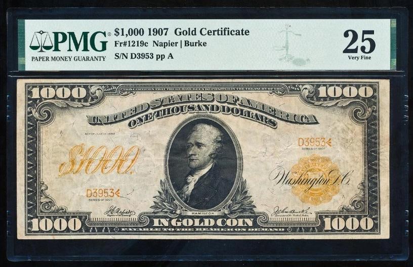 1907 $1000 Gold Certificate PMG 25: One 1907 $1000 Gold Certificate PMG 25.