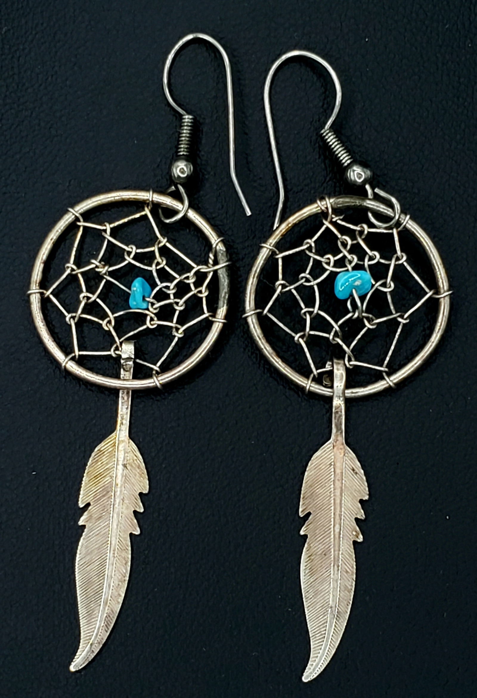 Native American Sterling Turquoise Earrings: These Hand crafted Dream Catcher Earrings weigh approx. " and approx. " in length.