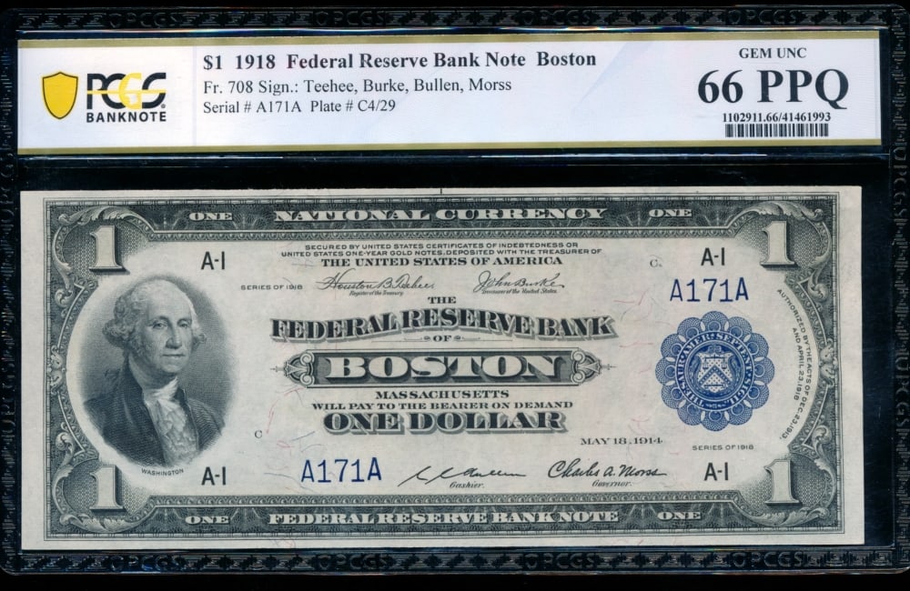 1918 $1 Boston FRBN PCGS 66PPQ: One 1918 $1 Boston FRBN PCGS 66PPQ.