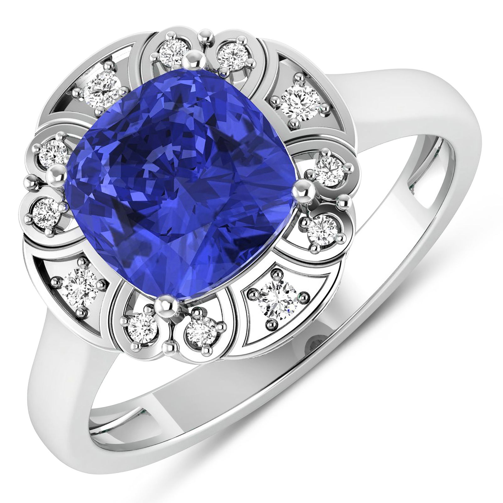 14KT White Gold 1.99ctw Tanzanite and Diamond Ring: Tanzanite (AA+) Cushion 8.00mm - 1Pc + White Diamond F/C Round 1.50mm - 4Pcs + White Diamond F/C Round 1.00mm - 8Pcs ( SI-2/HI ) Total weight of gemstone is 1.99cts. Total Diamond weight is 0.09cts. T