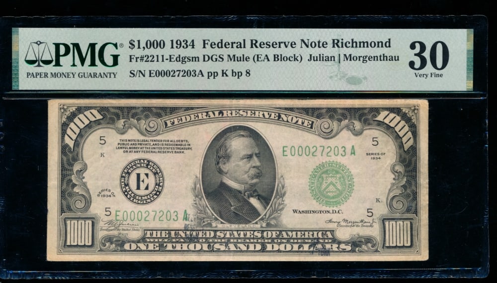 1934 $1000 Richmond FRN PMG 30: One 1934 $1000 Richmond FRN PMG 30.