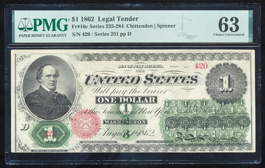 1862 $1 Legal Tender Note PMG 63: One 1862 $1 Legal Tender Note PMG 63.