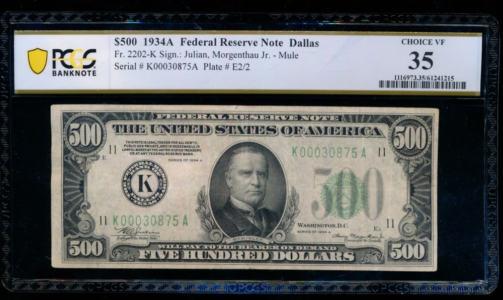 1934A $500 Dallas FRN PCGS 35: One 1934A $500 Dallas FRN PCGS 35.