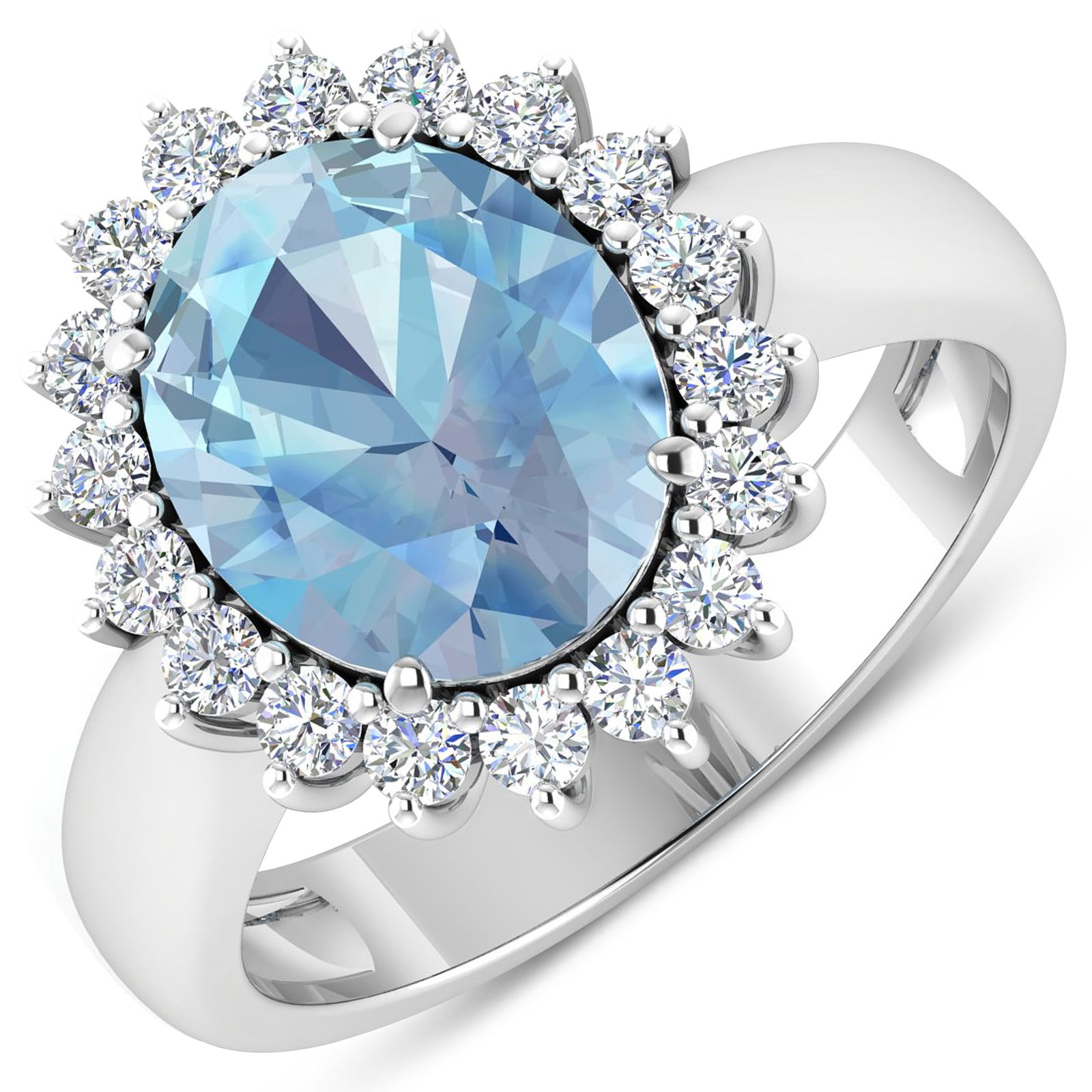 14KT White Gold 2.9ctw Aquamarine and Diamond Ring: Aquamarine (AA+) Oval 11x9mm - 1Pc + White Diamond F/C Round 2.00mm - 18Pcs ( Diamond Quality : SI-2/HI ) Total weight of gemstone is 2.9cts. Total Diamond weight is 0.54cts. Total weight of this ring