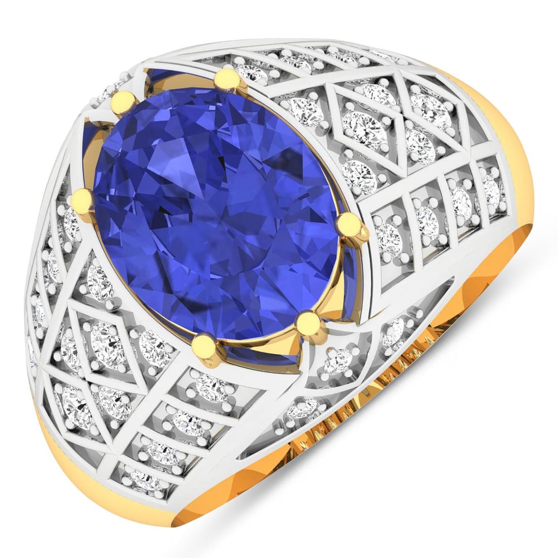 14KT Yellow Gold 2.21ctw Tanzanite and Diamond Ring: Tanzanite (AA+) Oval 10x8mm - 1Pc + White Diamond F/C Round 1.80mm - 4Pcs + White Diamond F/C Round 1.50mm - 8Pcs + White Diamond F/C Round 1.30mm - 16Pcs + White Diamond F/C Round 1.20mm - 6Pcs ( Whi