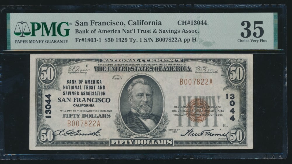 1929 $50 San Francisco CA National PMG 35: One 1929 $50 San Francisco CA National PMG 35.