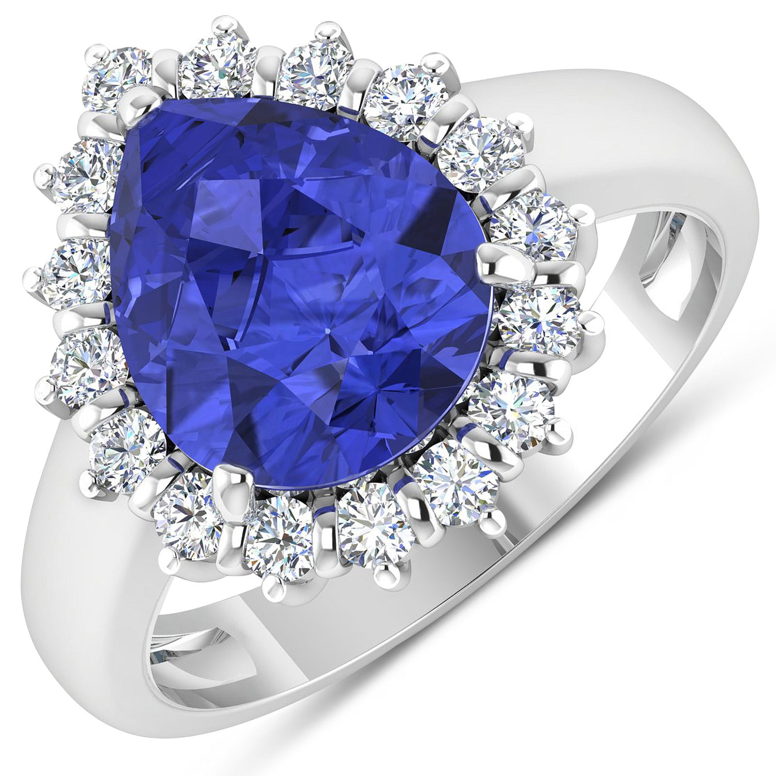 14KT White Gold 2.97ct Tanzanite and Diamond Ring: Tanzanite (AA+) Pears 11x9mm - 1Pc + White Diamond F/C Round 2.00mm - 16Pcs ( Diamond Quality : SI-2/HI ). Total weight of gemstone is 2.97cts. Total weight of Diamonds is 0.48cts. Total weight of thi