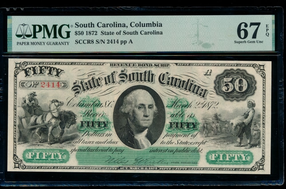1872 $50 Columbia SC Obsolete PMG 67EPQ: One 1872 $50 Columbia SC Obsolete PMG 67EPQ.