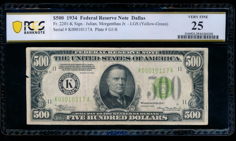 1934 $500 Dallas FRN PCGS 25: One 1934 $500 Dallas FRN PCGS 25.