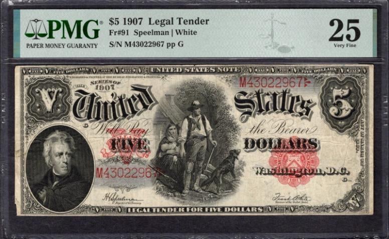 1907 $5 Legal Tender Note PMG 25: One 1907 $5 Legal Tender Note PMG 25.