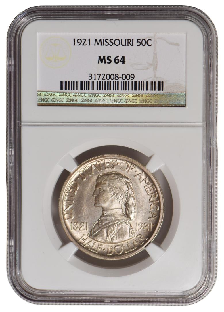 1921 Missouri Commemorative Half Dollar NGC MS64: One 1921 Missouri Commemorative Half Dollar NGC MS64.