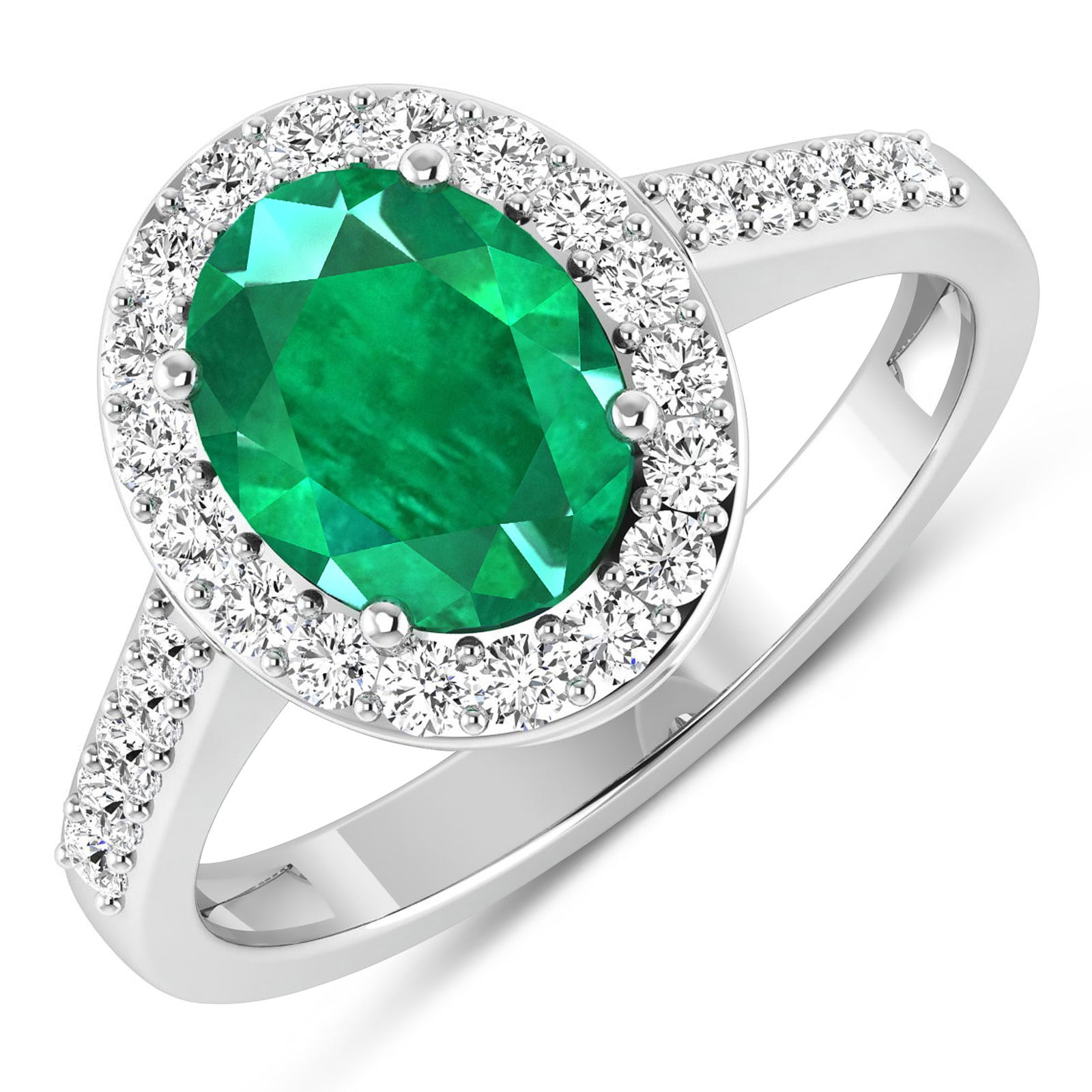 14KT White Gold 1.53ctw Zambian Emerald and Diamond Ring: Zambian Emerald (AA) Oval 9x7mm - 1Pc + White Diamond F/C Round 1.50mm - 28Pcs ( SI-2/HI ) Total weight of gemstone is 1.53cts. Total Diamond weight is 0.39cts. Total weight of this ring is 2.69 grams
