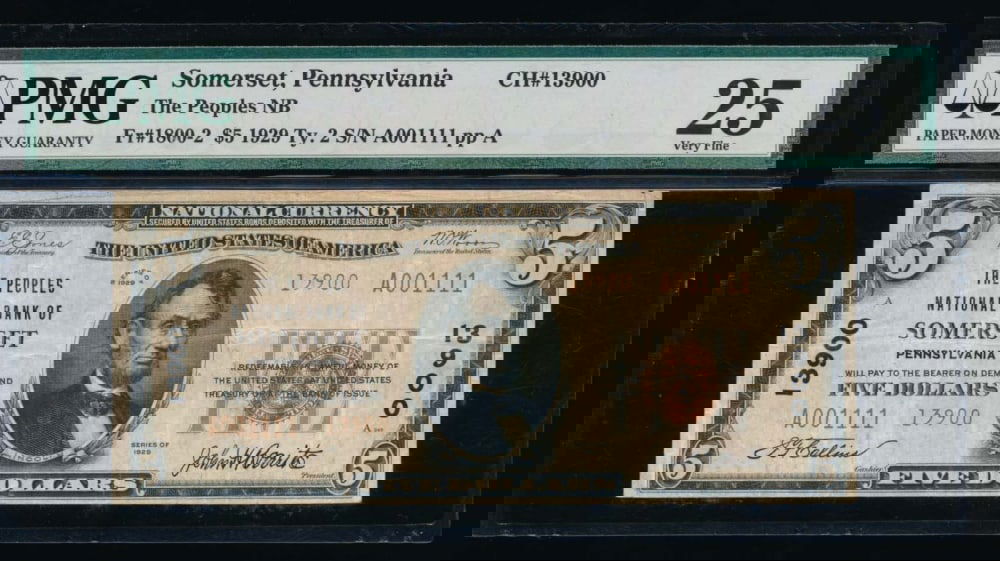 1929 $5 Somerset PA National PMG 25: One 1929 $5 Somerset PA National PMG 25.