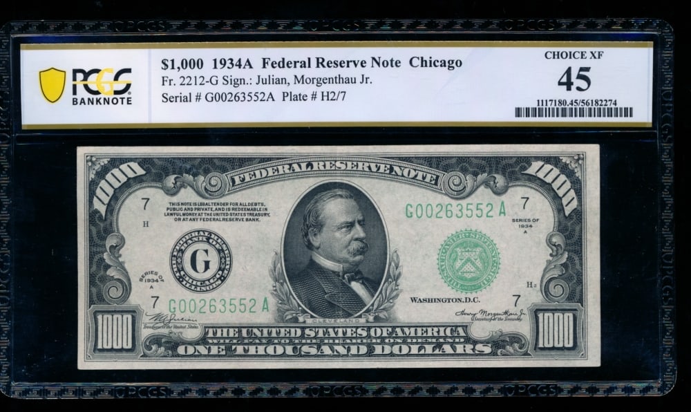 1934A $1000 Chicago FRN PCGS 45: One 1934A $1000 Chicago FRN PCGS 45.