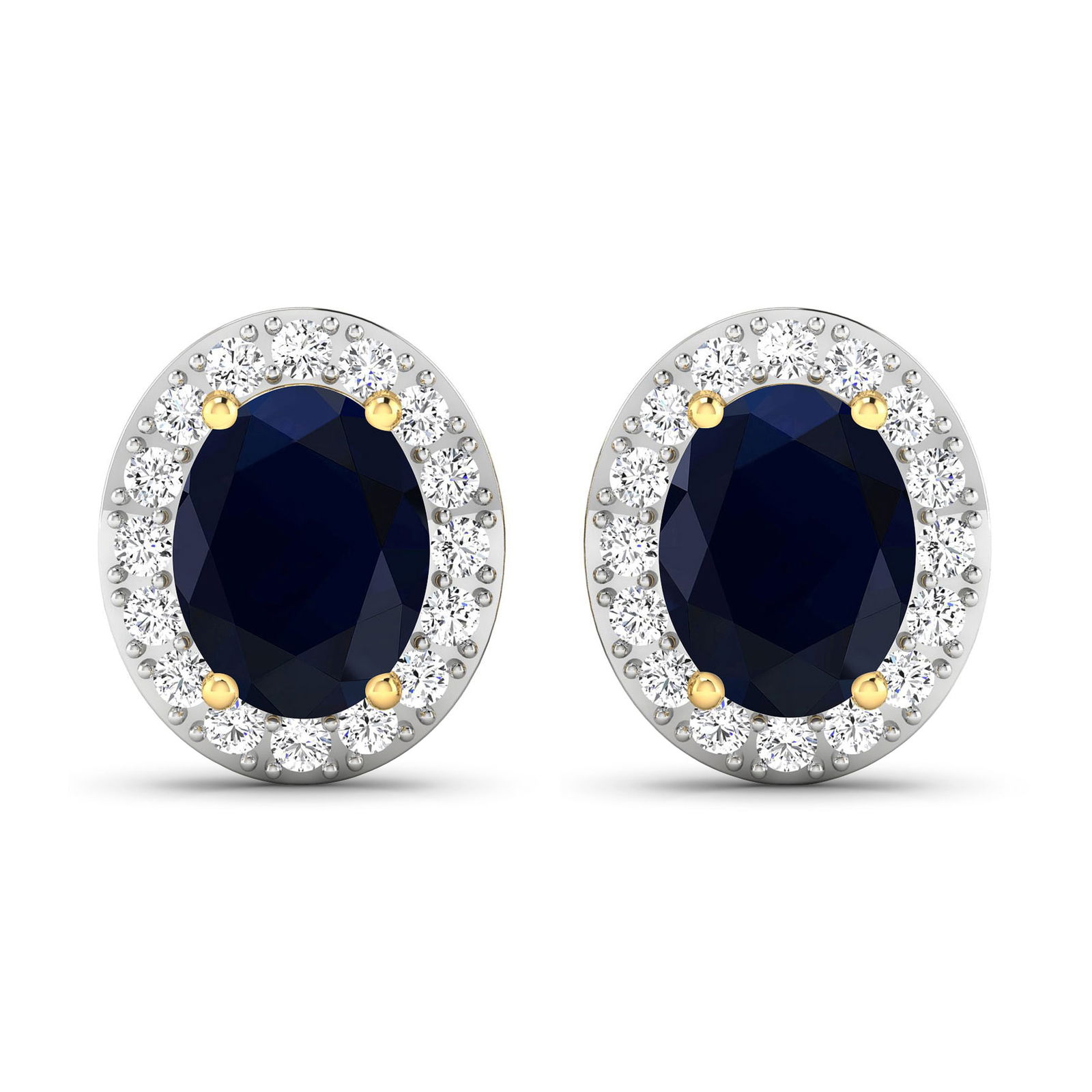 14KT Yellow Gold 2.6ctw Blue Sapphire and Diamond Earrings: Blue Sapphire (AA) Oval 8x6mm - 2Pcs + White Diamond F/C Round 1.50mm - 32Pcs ( White Pan Rhodium ) ( Diamond Quality : SI-2/HI ) ( Push Post ) Total weight of gemstones is 2.6cts. Total Diamond weigh