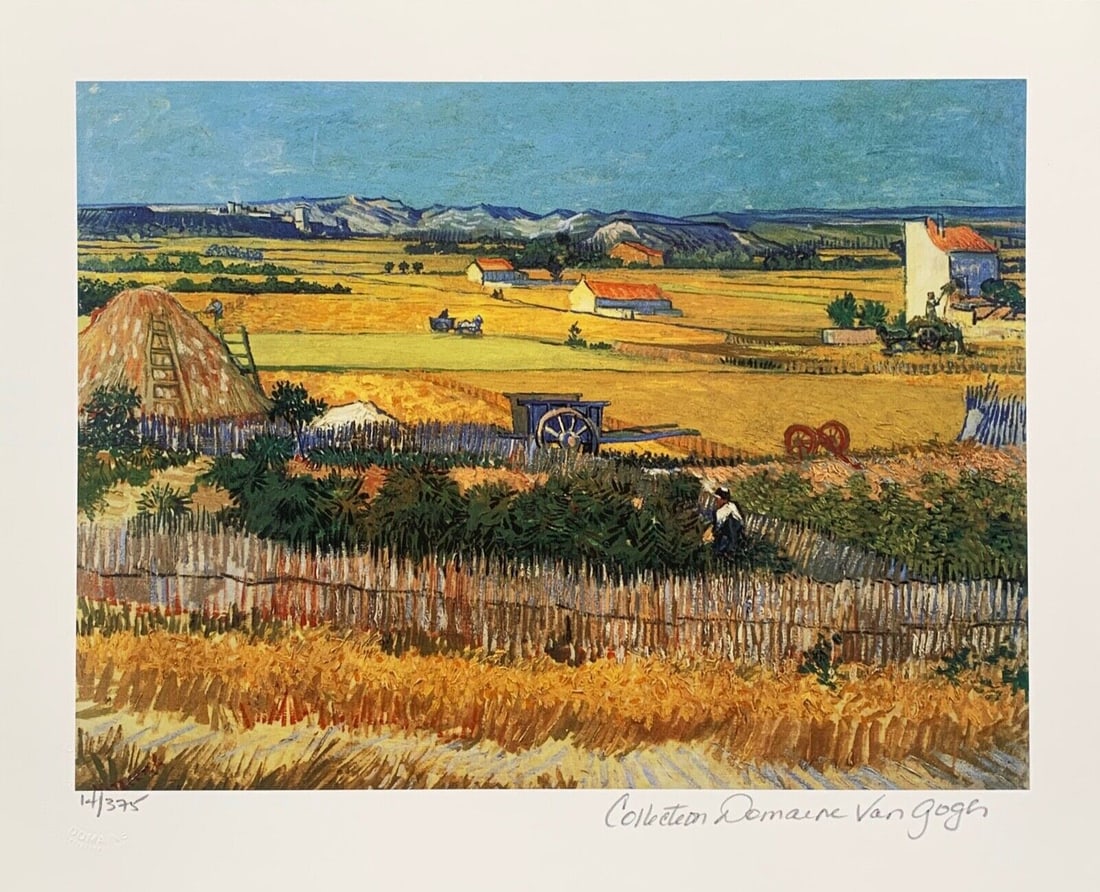 Vincent Van Gogh HARVEST LANDSCAPE IN ARLES Estate Signed Giclee: This is a VINCENT VAN GOGH (ESTATE COLLECTION DOMAINE) small reproduction giclee titled Harvest Landscape in Arles. This piece is pencil signed on the lower right as Collection Domaine Van Gogh and ha