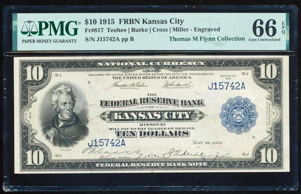 1915 $10 Kansas City FRBN PMG 66EPQ: One 1915 $10 Kansas City FRBN PMG 66EPQ.