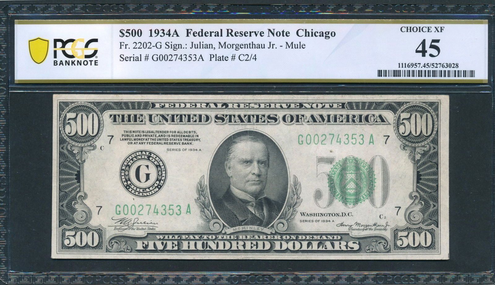 1934A $500 Chicago FRN PCGS 45: One 1934A $500 Chicago FRN PCGS 45.
