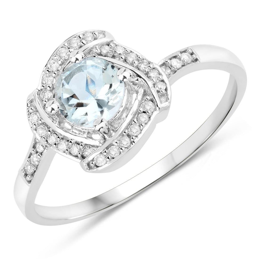 14KT White Gold 0.46ctw Aquamarine and White Diamond Ring: Aquamarine Round/5.00mm - 1/0.38 ctw Prong Setting Natural Heat Treated E + White Diamond Round/0.80mm - 30/0.08 ctw Natural Not Treated N H-I I1. Ring size 7. Total weight of 1.96 grams.