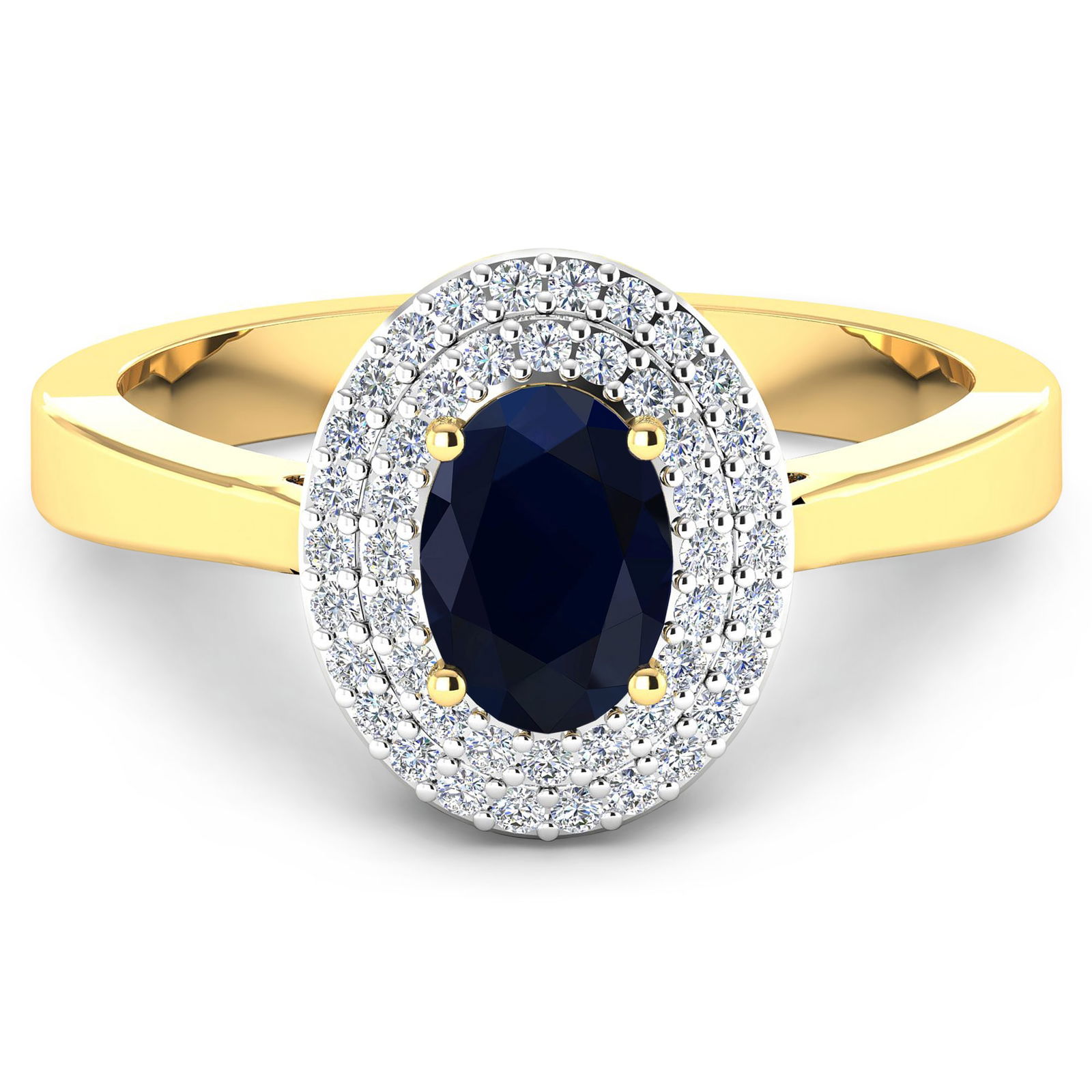 14KT Yellow Gold 0.90ct Blue Sapphire and Diamond Ring: Blue Sapphire (AA) Oval 7x5mm - 1Pc + White Diamond F/C Round 0.90mm - 46Pcs ( White Pan Rhodium ) (I1-I2/I color). Total weight of gemstone is 0.9cts. Total weight of Diamonds is 0.16cts. Total weigh