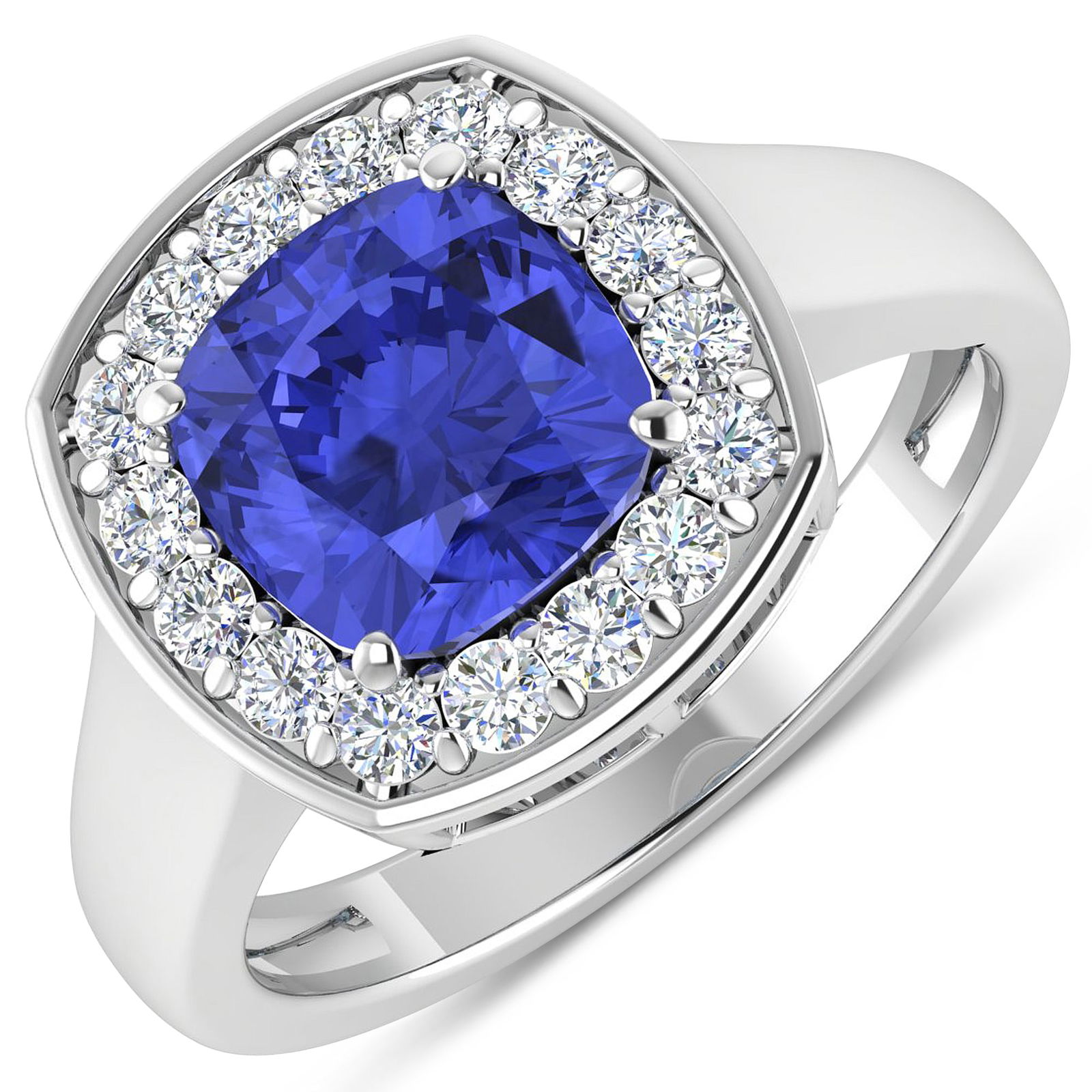 14KT White Gold 1.99ct Tanzanite and Diamond Ring: Tanzanite (AA+) Cushion 8.00mm - 1Pc + White Diamond F/C Round 2.00mm - 16Pcs ( Diamond Quality : SI-2/HI ). Total weight of gemstone is 1.99cts. Total weight of Diamonds is 0.48cts. Total weight of t
