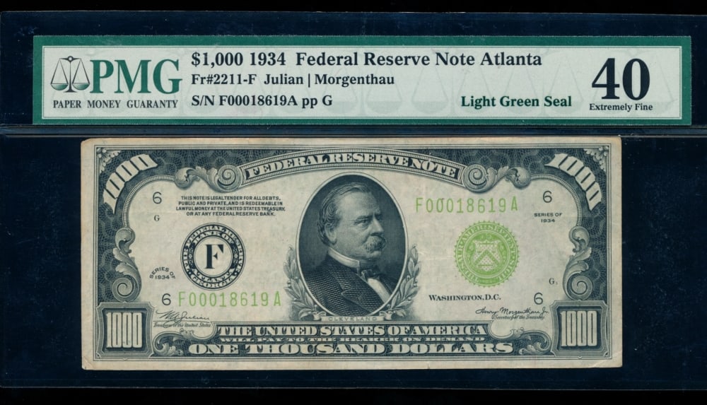 1934 $1000 Atlanta FRN PMG 40: One 1934 $1000 Atlanta FRN PMG 40.