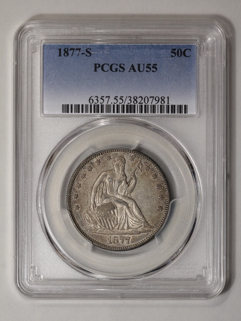 1877-S Seated Liberty Half Dollar PCGS AU55: One 1877-S Seated Liberty Half Dollar PCGS AU55.