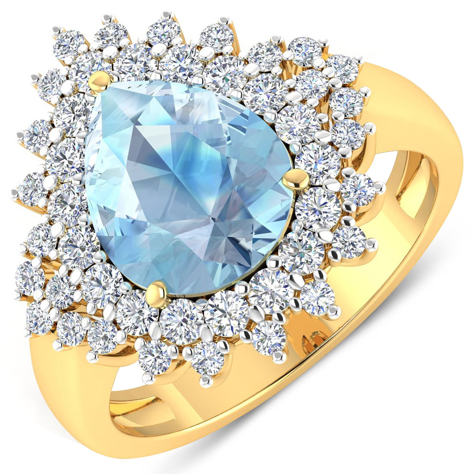 14KT Yellow Gold 2.3ctw Aquamarine and Diamond Ring: Aquamarine (AA+) Pears 11x9mm - 1Pc + White Diamond F/C Round 2.00mm - 18Pcs + White Diamond F/C Round 1.50mm - 25Pcs ( White Pan Rhodium ) ( Diamond Quality : SI-2/HI ) Total weight of gemstone is 2.