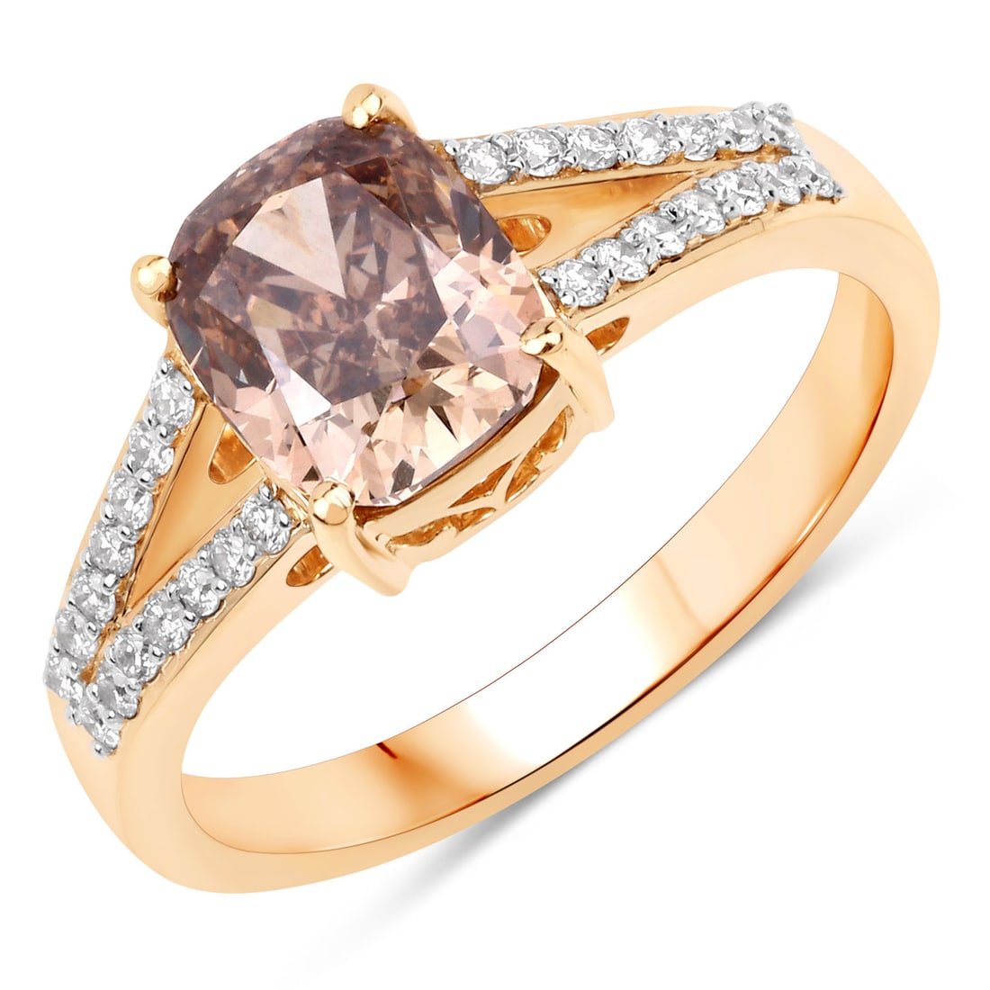 18KT Yellow Gold 2.02ctw Brown Diamond Ring: This sophisticated women's bridge ring is crafted in 18K yellow gold with a fine finish. The centerpiece is a natural cushion-cut brown diamond measuring 7.30 x 6.50 mm, weighing 2.02 carats, and set
