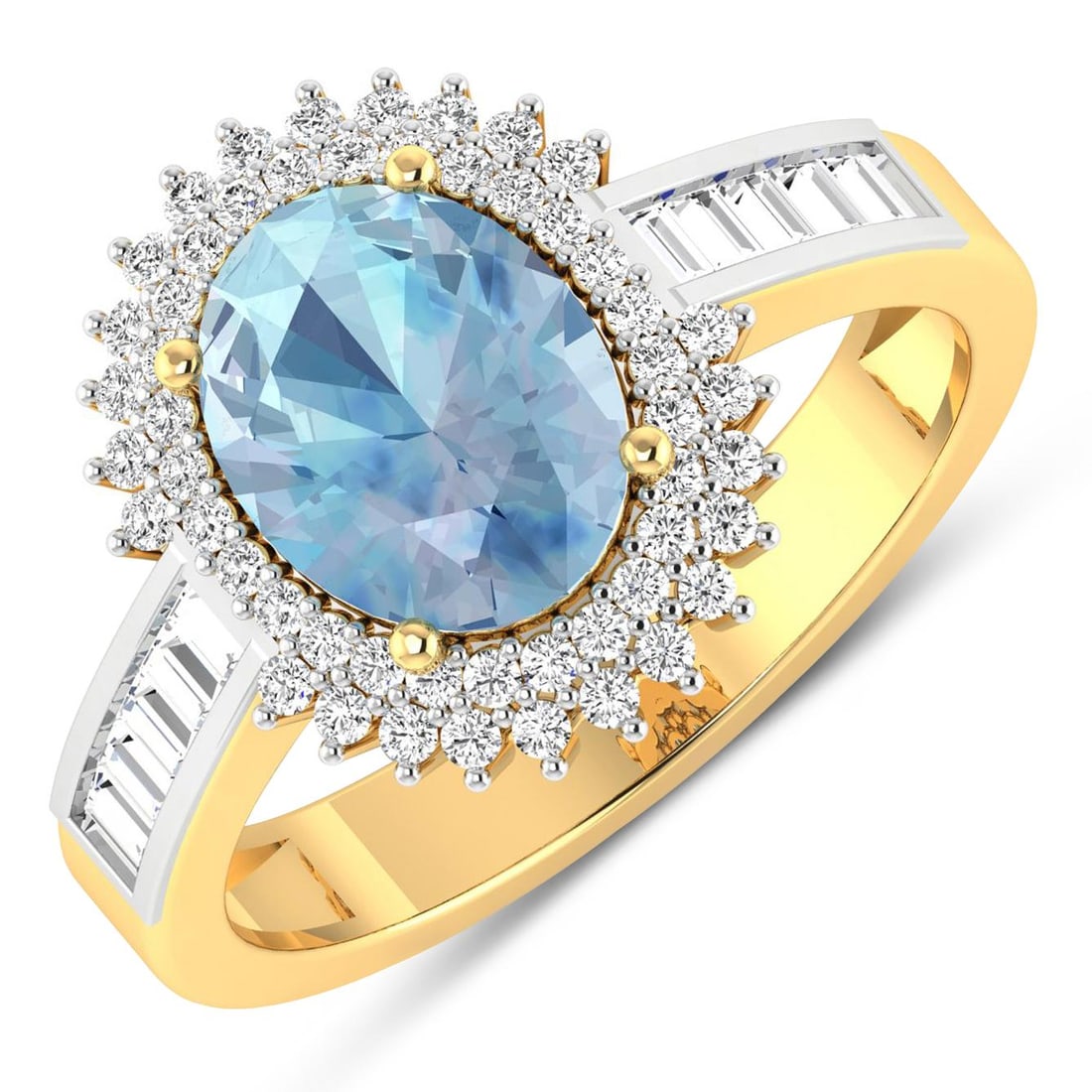 14KT Yellow Gold 1.28ctw Aquamarine and Diamond Ring: Aquamarine (AA+) Oval 9x7mm - 1Pc + White Diamond Baguette 2.00x1.50mm - 10Pcs + White Diamond F/C Round 1.00mm - 52Pcs ( White Pan Rhodium ) ( SI-2/HI ) Total weight of gemstone is 1.28cts. Total Dia