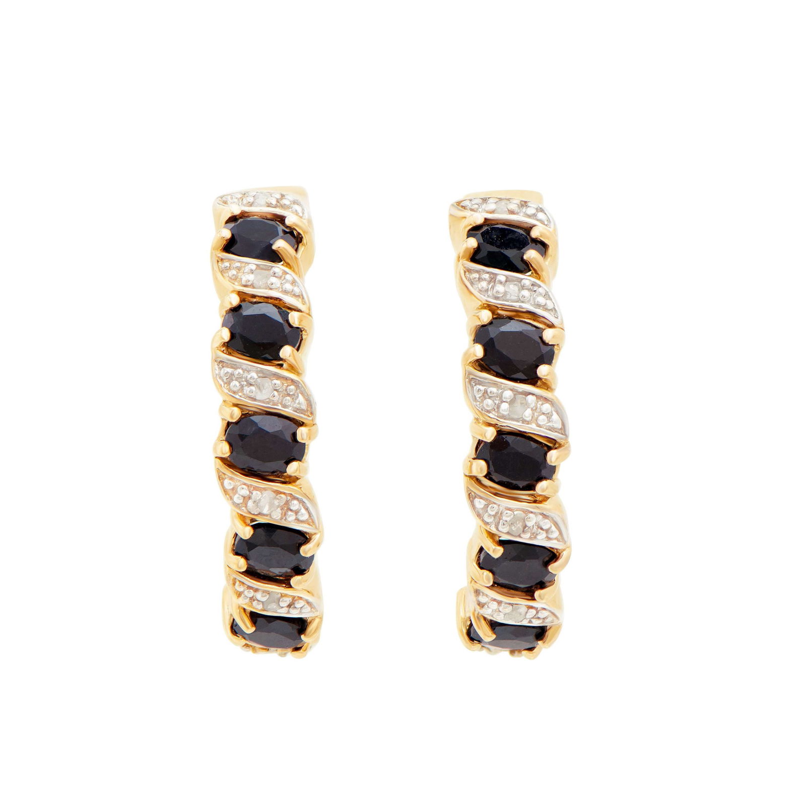 Plated 18KT Yellow Gold and Sterling Silver 2.95ctw Sapphire and Diamond Earrings: (12) Sapphires with a total weight of 2.95cts. (12) round Diamonds with a total weight of 0.09cts with a color of H-I and clarity of i3. Total weight of these earrings are 5.74 grams.