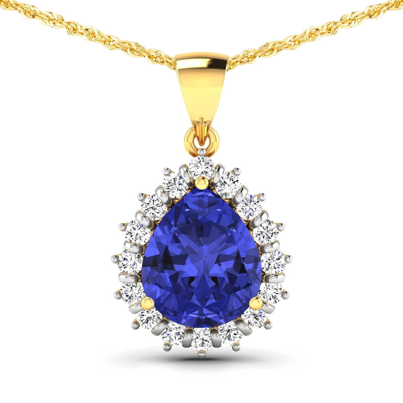 14KT Yellow Gold 3.25ctw Tanzanite and Diamond Pendant: Tanzanite (AA+) Pears 11x9mm - 1Pc + White Diamond F/C Round 2.00mm - 16Pcs ( Diamond Quality : SI-2/HI ) Total weight of gemstone is 3.25cts. Total Diamond weight is 0.48cts. Total weight of this pen