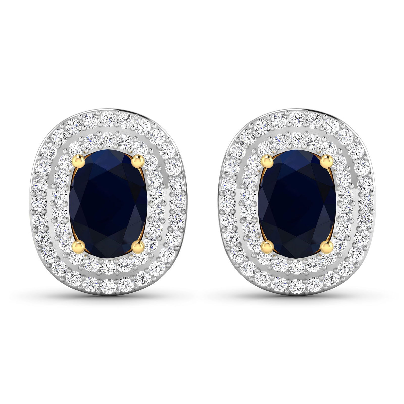 14KT Yellow Gold 1.5ctw Blue Sapphire and Diamond Earrings: Blue Sapphire (AA) Oval 7x5mm - 2Pcs + White Diamond F/C Round 1.00mm - 100Pcs ( White Pan Rhodium ) (I1-I2/I color) ( Push Post ) Total weight of gemstones is 1.5cts. Total Diamond weight is 0.45cts.