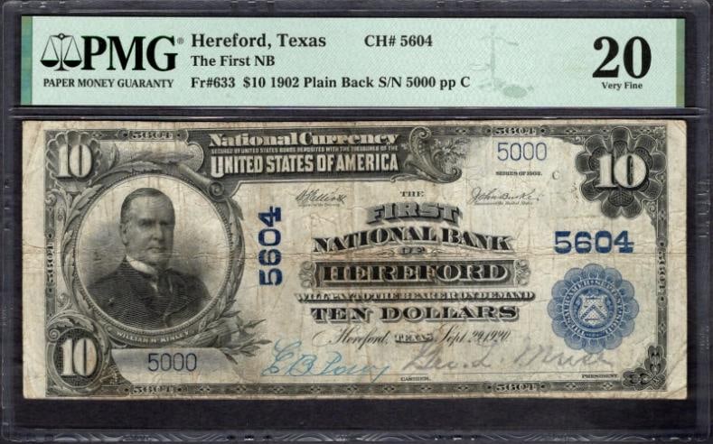1902 $10 Hereford TX National PMG 20: One 1902 $10 Hereford TX National PMG 20.