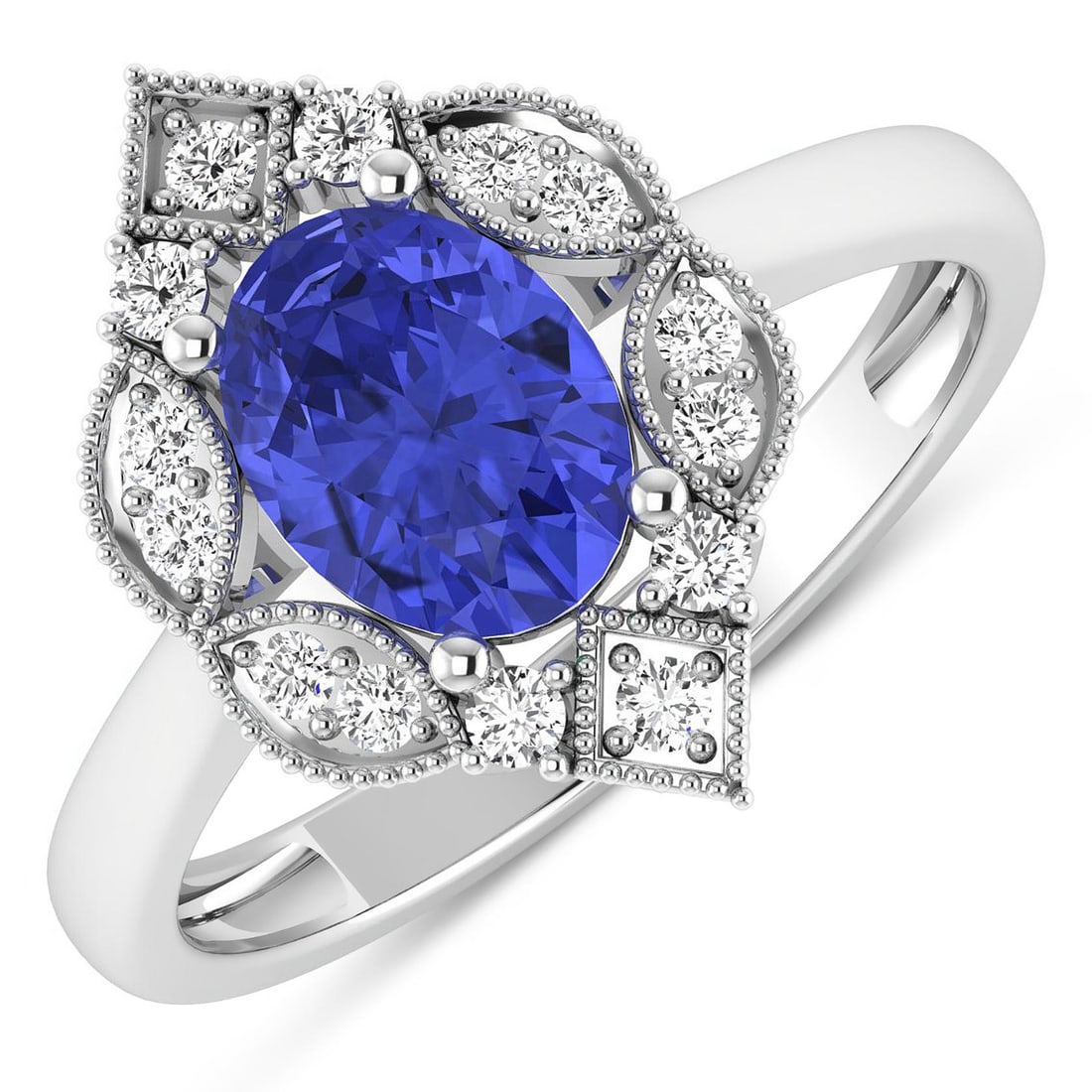 14KT White Gold 1.09ctw Tanzanite and Diamond Ring: Tanzanite (AA+) Oval 8x6mm - 1Pc + White Diamond F/C Round 1.50mm - 14Pcs ( I1-I2/I color ) Total weight of gemstone is 1.09cts. Total Diamond weight is 0.2cts. Total weight of this ring is 2.46 grams