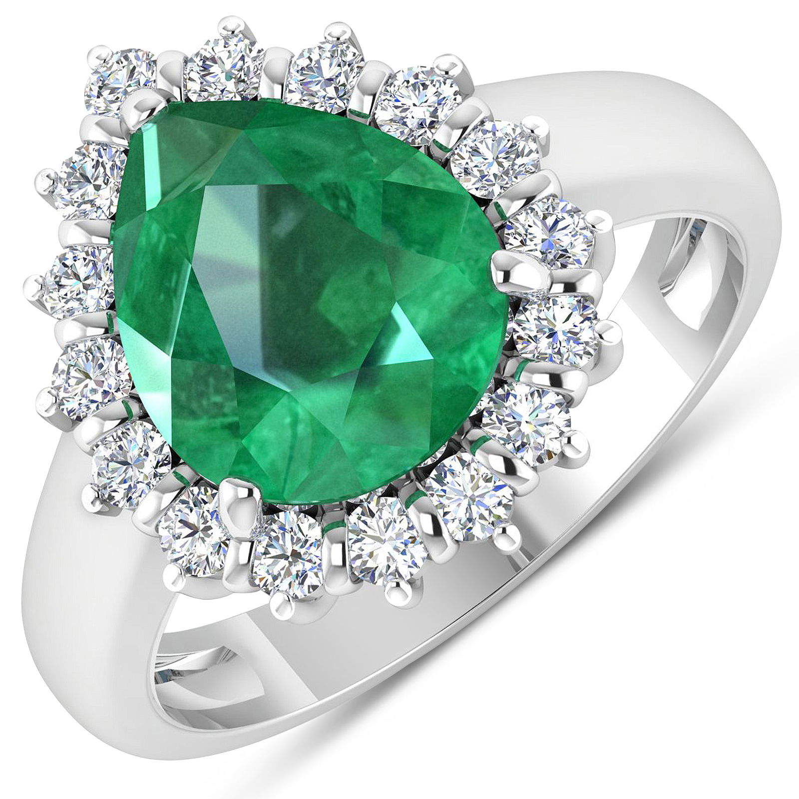 14KT White Gold 2.85ct Zambian Emerald and Diamond Ring: Zambian Emerald (AA) Pears 11x9mm - 1Pc + White Diamond F/C Round 2.00mm - 16Pcs ( Diamond Quality : SI-2/HI ). Total weight of gemstone is 2.85cts. Total weight of Diamonds is 0.48cts. Total weight o