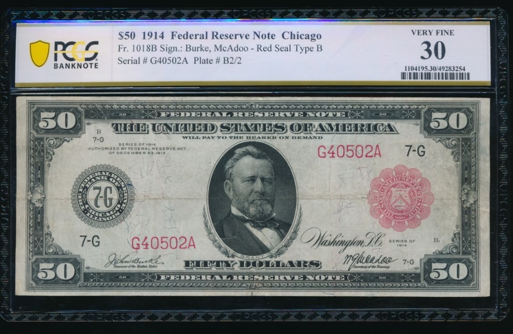 1914 $50 Chicago FRN PCGS 30: One 1914 $50 Chicago FRN PCGS 30.