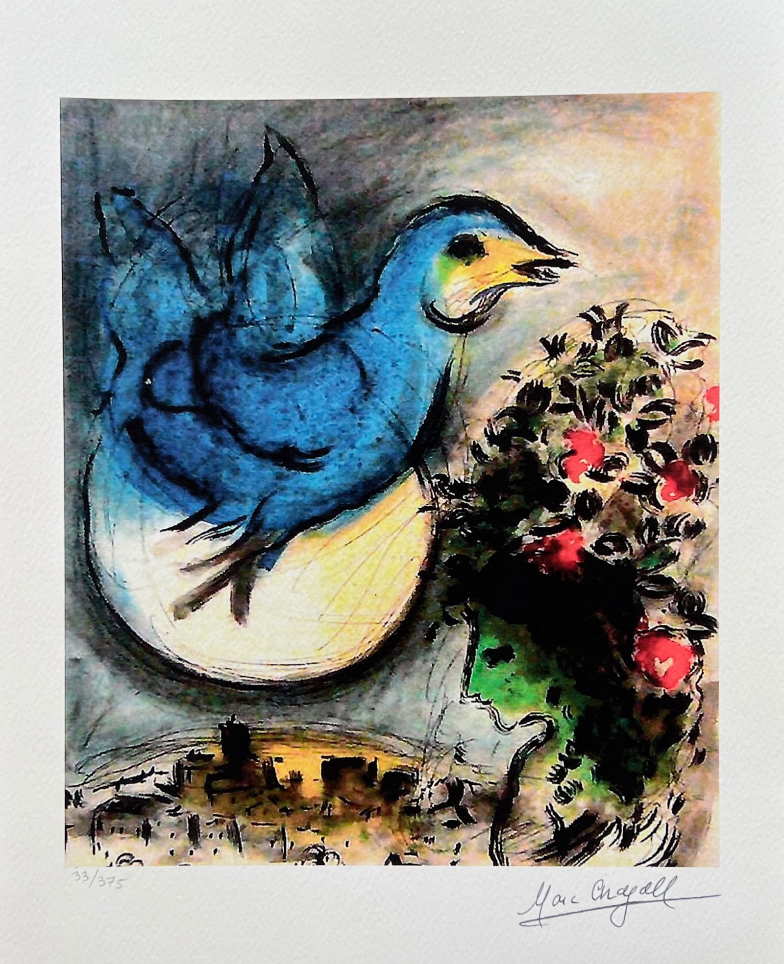 Marc Chagall BLUE BIRD Limited Edition Facsimile Signed Giclee: This is a Marc Chagall limited edition small giclee titled BLUE BIRD. This giclee is facsimile signed on the lower right and is pencil numbered on the lower left from an edition of 375. Paper measures