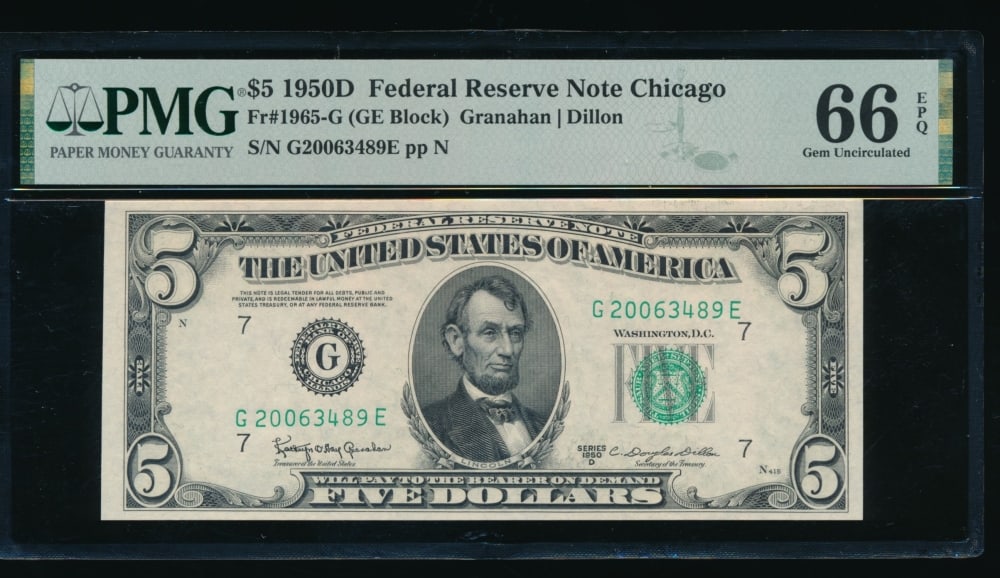 1950D $5 Chicago FRN PMG 66EPQ: One 1950D $5 Chicago FRN PMG 66EPQ.