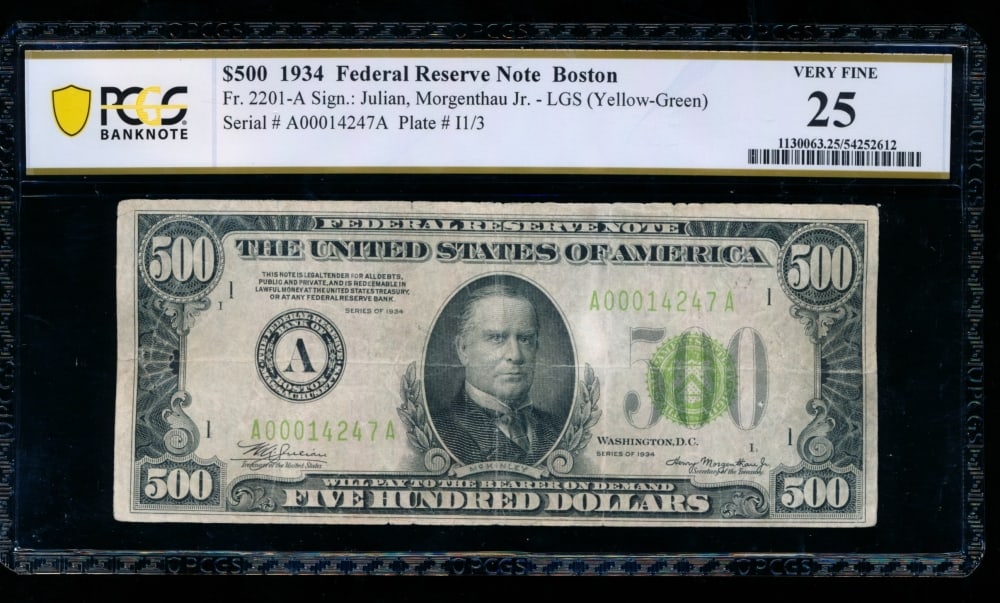 1934 $500 Boston FRN PCGS 25: One 1934 $500 Boston FRN PCGS 25.