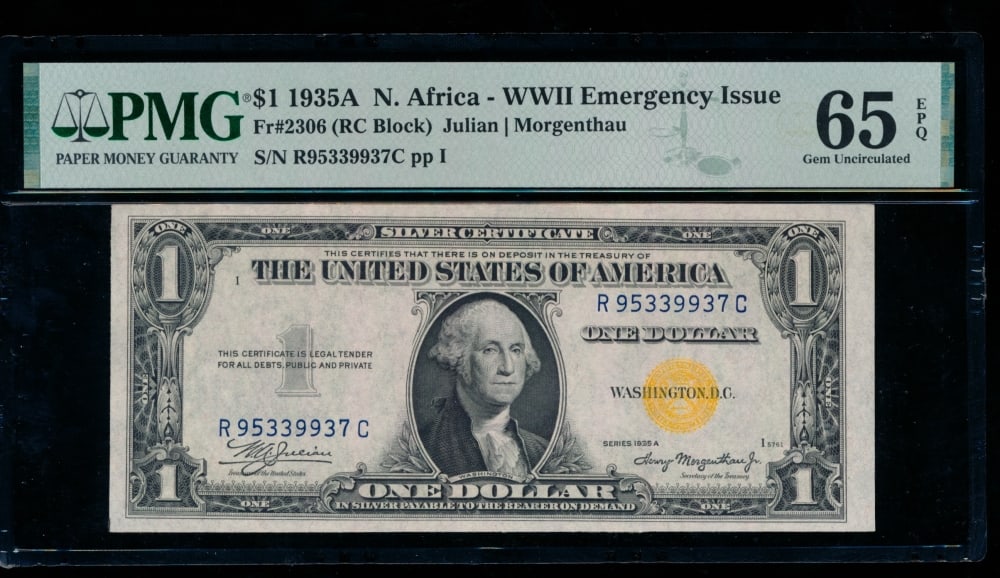 1935A $1 N Africa Silver Certificate PMG 65EPQ: One 1935A $1 N Africa Silver Certificate PMG 65EPQ.