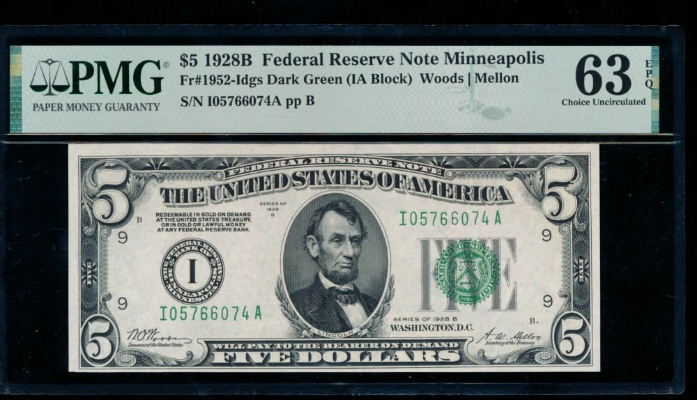 1928B $5 Minneapolis FRN PMG 63EPQ: One 1928B $5 Minneapolis FRN PMG 63EPQ.