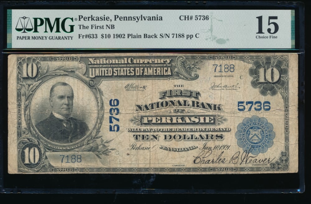 1902 $10 Perkasie PA National PMG 15: One 1902 $10 Perkasie PA National PMG 15.