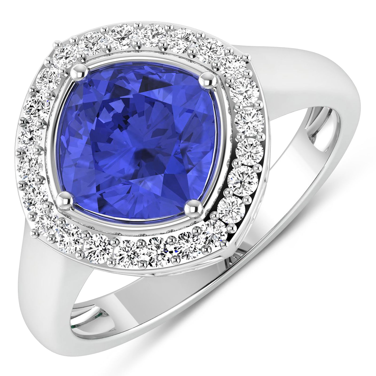 14KT White Gold 1.99ctw Tanzanite and Diamond Ring: Tanzanite (AA+) Cushion 8.00mm - 1Pc + White Diamond F/C Round 1.30mm - 24Pcs ( SI-2/HI ) Total weight of gemstone is 1.99cts. Total Diamond weight is 0.24cts. Total weight of this ring is 3.3 grams.