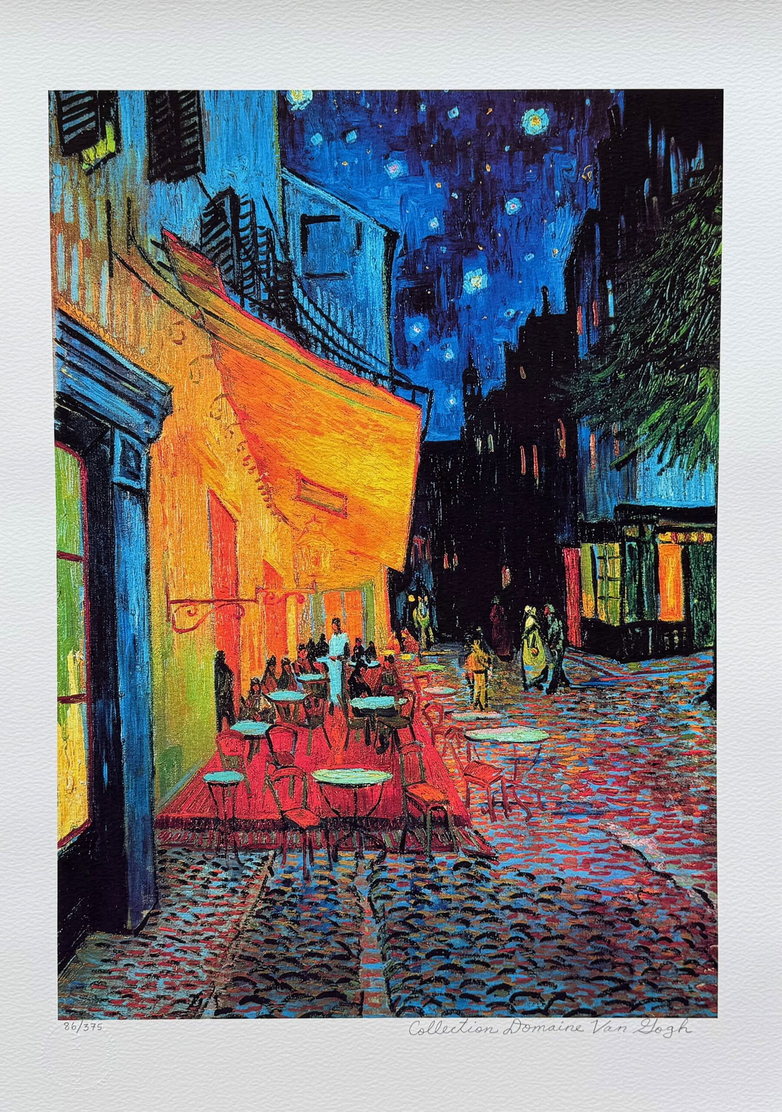 Vincent Van Gogh THE TERRACE CAFE Estate Signed Limited Edition Giclee: This is a VINCENT VAN GOGH (ESTATE COLLECTION DOMAINE) giclee titled THE TERRACE CAFE. This piece is pencil signed on the lower right as Collection Domaine Van Gogh and has an embossed seal stamped by